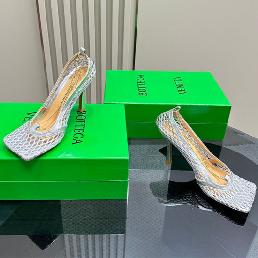 HIGH PUMP 9 CM IN SILVER METALLIZE MESH AND LEATHER - 35