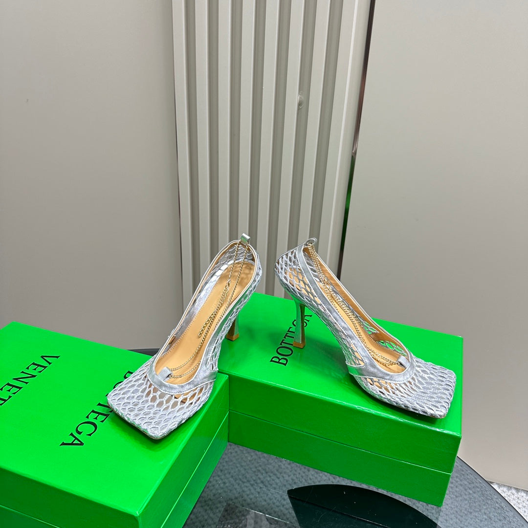HIGH PUMP 9 CM IN SILVER METALLIZE MESH AND LEATHER - 35