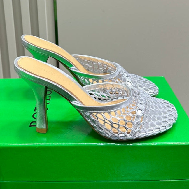 HIGH MULE 9 CM IN SILVER METALLIZE MESH AND LEATHER - 35