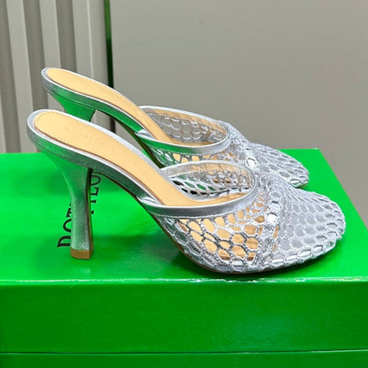 HIGH MULE 9 CM IN SILVER METALLIZE MESH AND LEATHER - 35