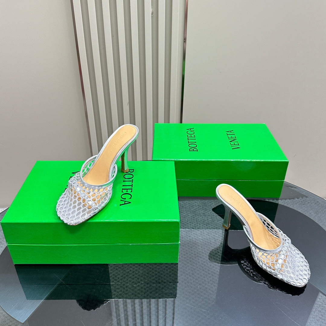 HIGH MULE 9 CM IN SILVER METALLIZE MESH AND LEATHER - 35