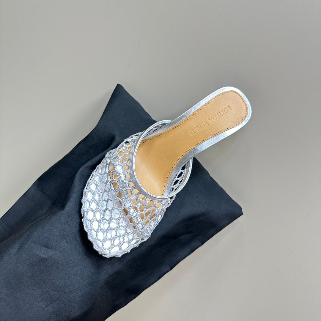 HIGH MULE 9 CM IN SILVER METALLIZE MESH AND LEATHER - 35
