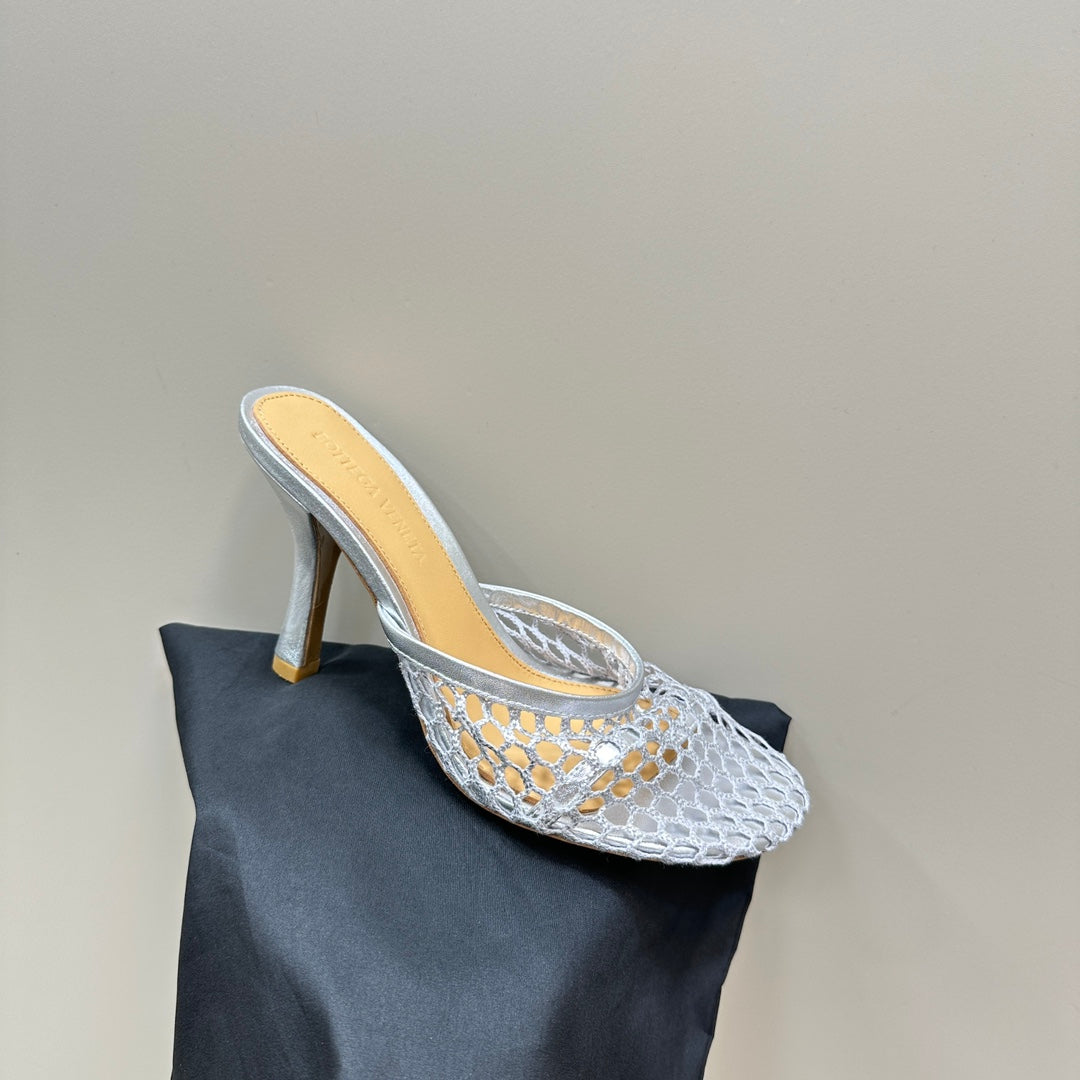 HIGH MULE 9 CM IN SILVER METALLIZE MESH AND LEATHER - 35
