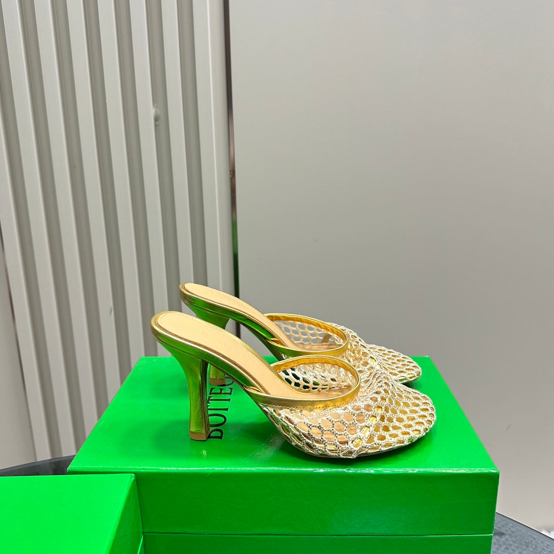 HIGH MULE 9 CM IN GOLD METALLIZE MESH AND LEATHER - 35