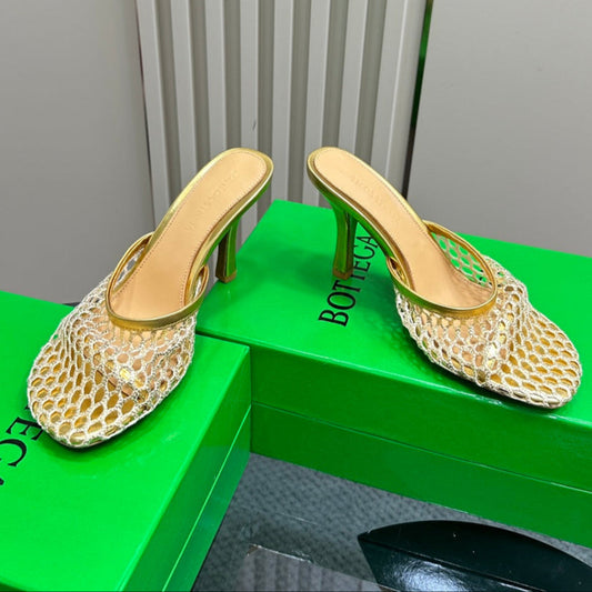 HIGH MULE 9 CM IN GOLD METALLIZE MESH AND LEATHER - 35