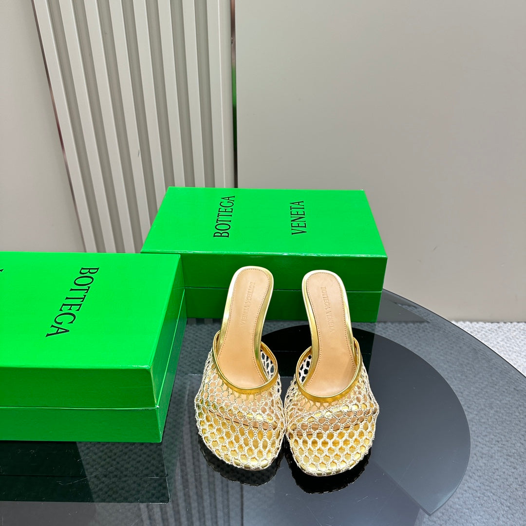 HIGH MULE 9 CM IN GOLD METALLIZE MESH AND LEATHER - 35