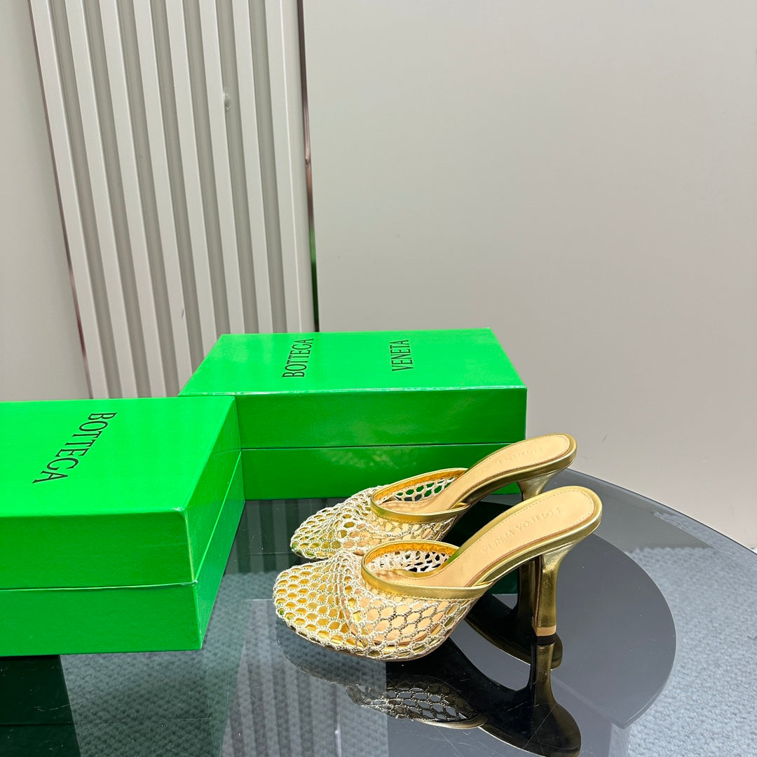 HIGH MULE 9 CM IN GOLD METALLIZE MESH AND LEATHER - 35