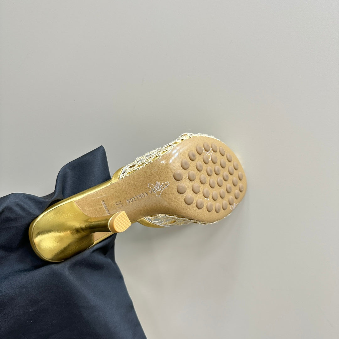 HIGH MULE 9 CM IN GOLD METALLIZE MESH AND LEATHER - 35