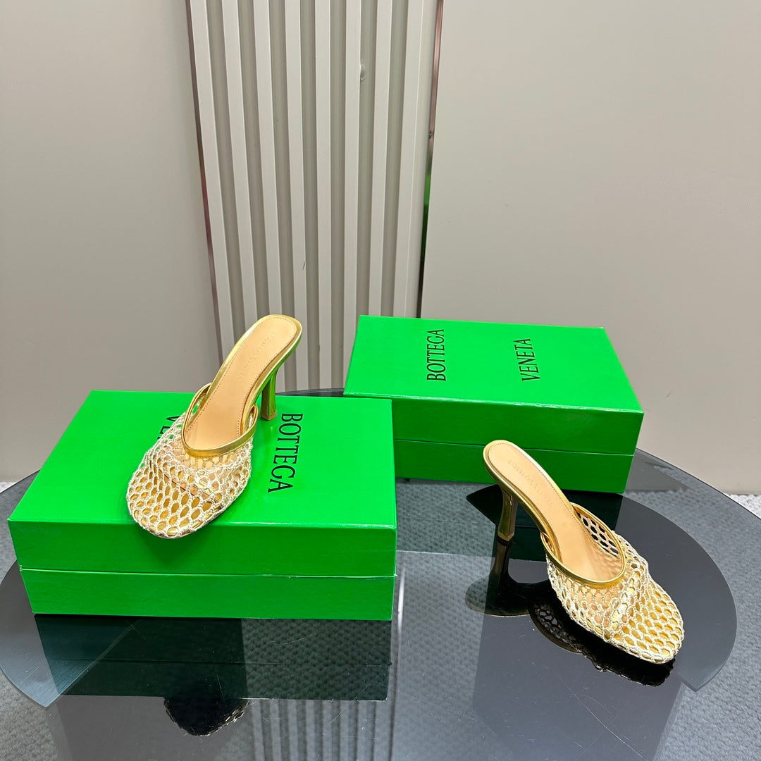 HIGH MULE 9 CM IN GOLD METALLIZE MESH AND LEATHER - 35