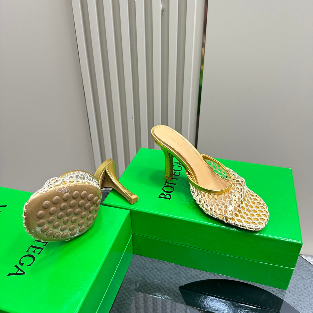 HIGH MULE 9 CM IN GOLD METALLIZE MESH AND LEATHER - 35