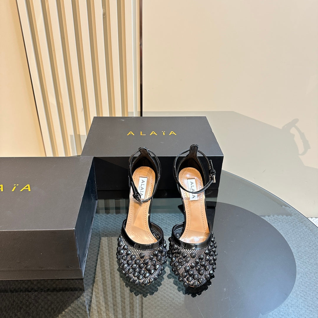 ALAIA HIGH FISHNET PUMPS WITH STUDS IN BLACK LYCRA MESH AND LAMBSKIN - 34