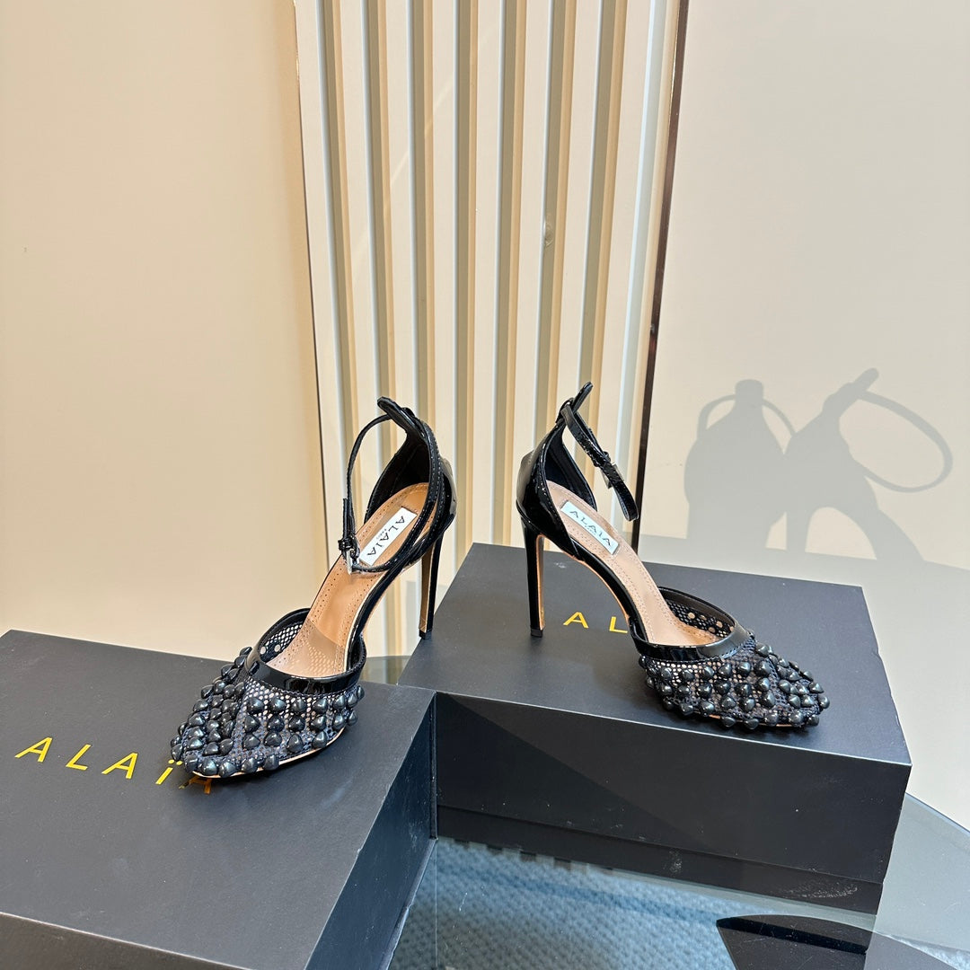 ALAIA HIGH FISHNET PUMPS WITH STUDS IN BLACK LYCRA MESH AND LAMBSKIN - 34