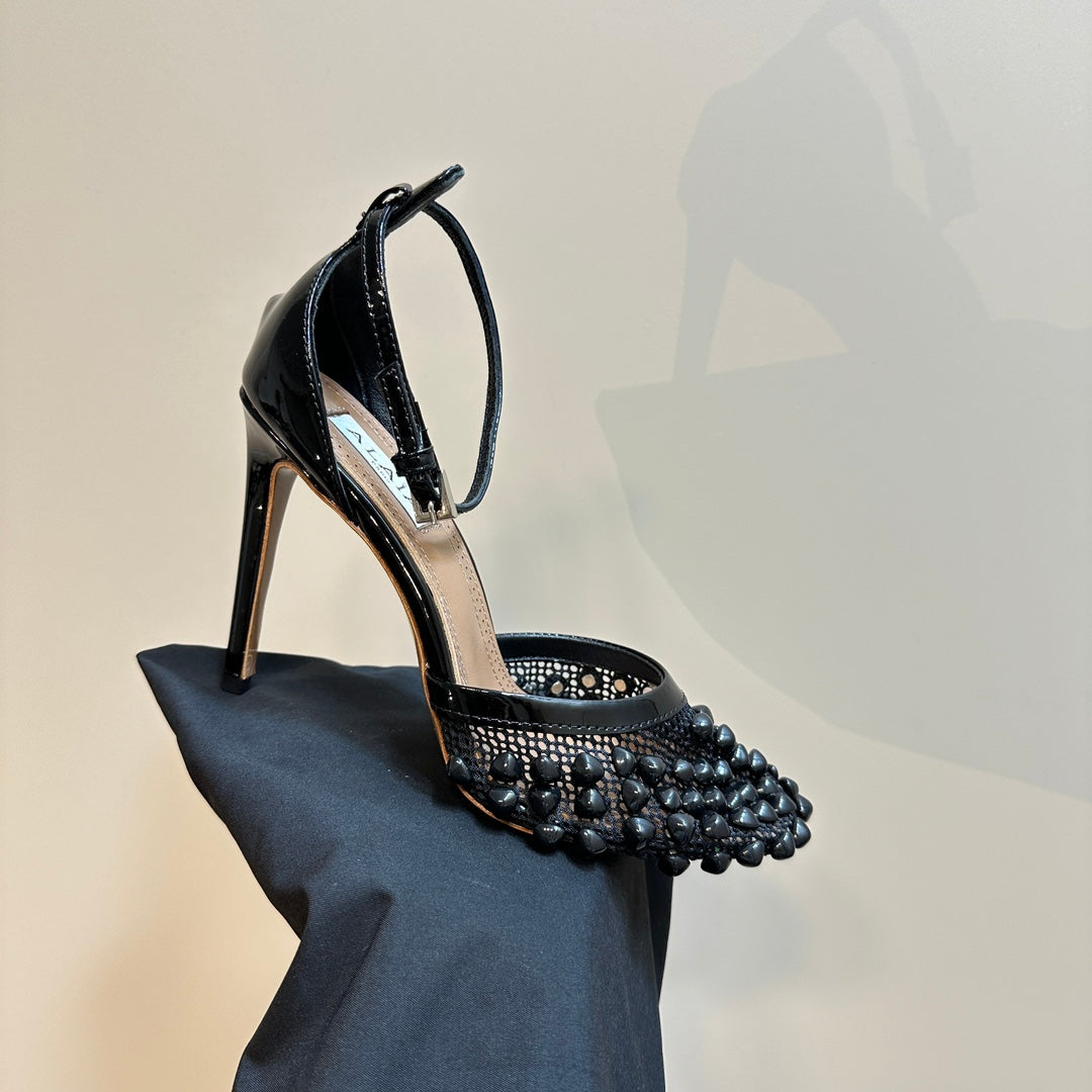 ALAIA HIGH FISHNET PUMPS WITH STUDS IN BLACK LYCRA MESH AND LAMBSKIN - 34