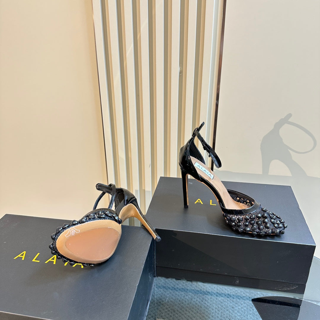ALAIA HIGH FISHNET PUMPS WITH STUDS IN BLACK LYCRA MESH AND LAMBSKIN - 34