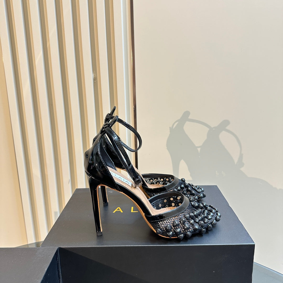 ALAIA HIGH FISHNET PUMPS WITH STUDS IN BLACK LYCRA MESH AND LAMBSKIN - 34
