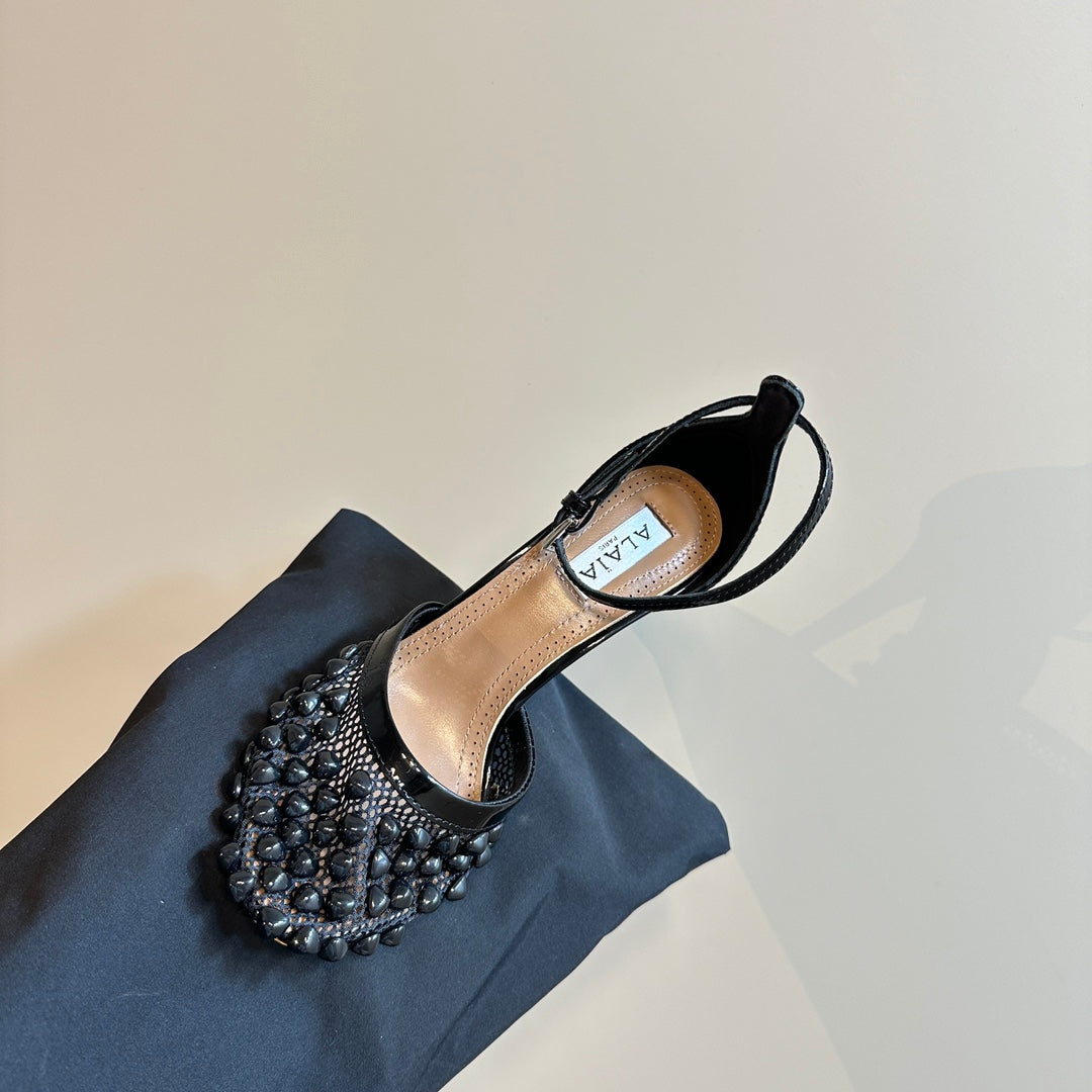 ALAIA HIGH FISHNET PUMPS WITH STUDS IN BLACK LYCRA MESH AND LAMBSKIN - 34