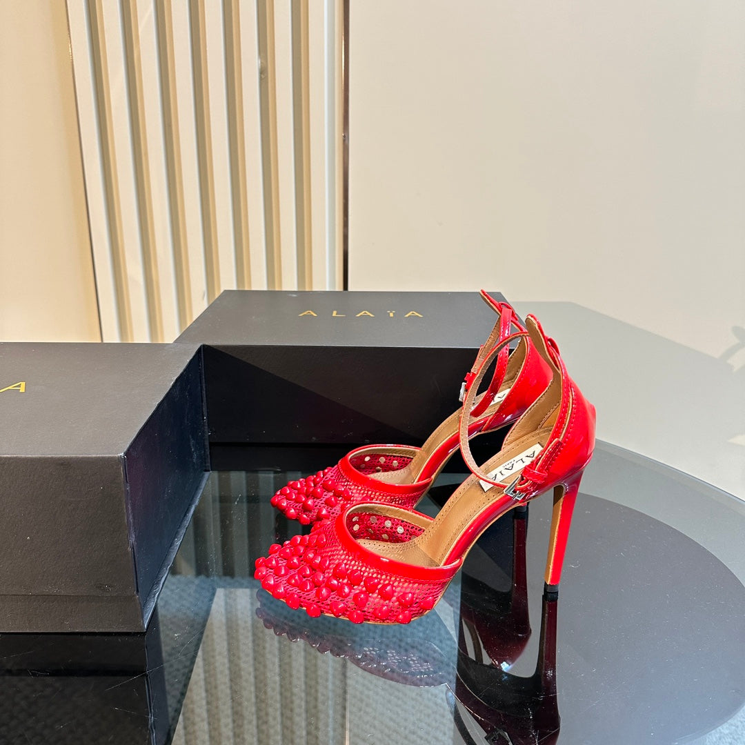 ALAIA HIGH FISHNET PUMPS WITH STUDS IN CHERRY RED LYCRA MESH AND LAMBSKIN - 34