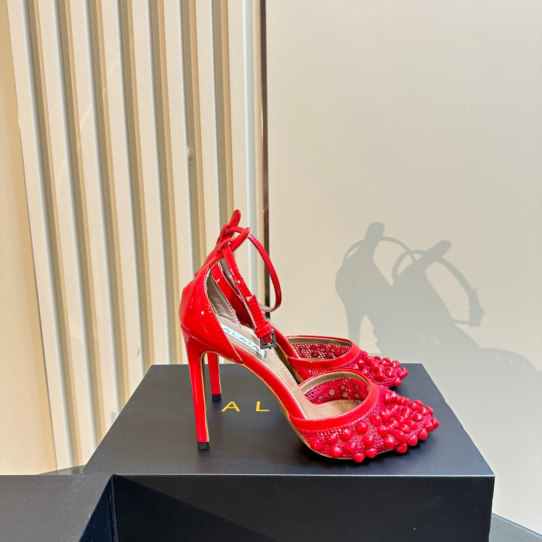 ALAIA HIGH FISHNET PUMPS WITH STUDS IN CHERRY RED LYCRA MESH AND LAMBSKIN - 34