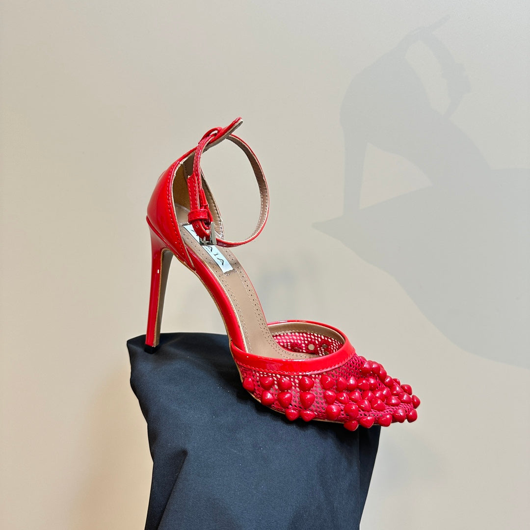 ALAIA HIGH FISHNET PUMPS WITH STUDS IN CHERRY RED LYCRA MESH AND LAMBSKIN - 34