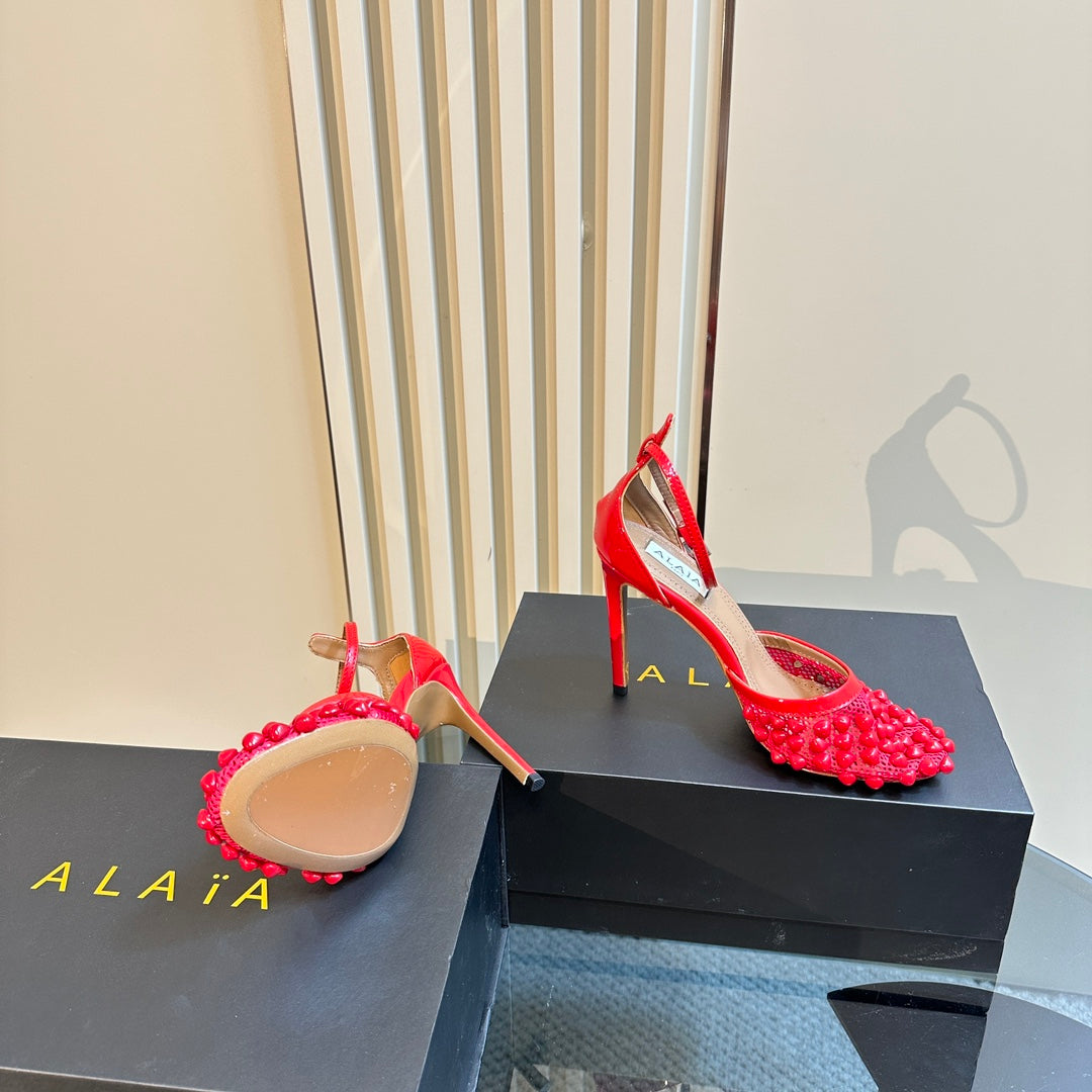 ALAIA HIGH FISHNET PUMPS WITH STUDS IN CHERRY RED LYCRA MESH AND LAMBSKIN - 34