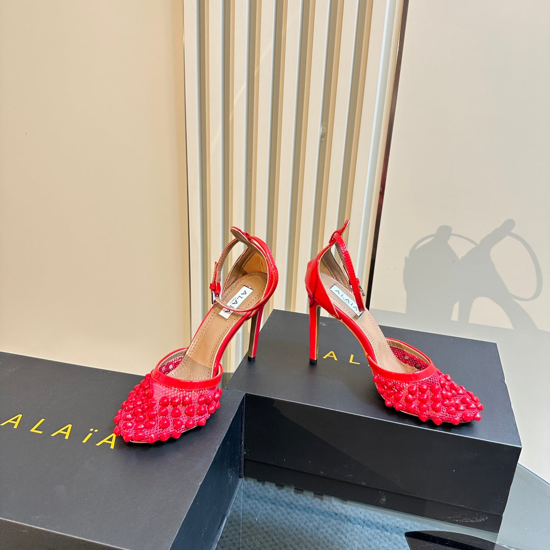 ALAIA HIGH FISHNET PUMPS WITH STUDS IN CHERRY RED LYCRA MESH AND LAMBSKIN - 34
