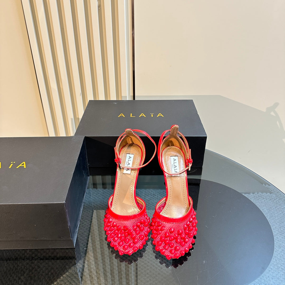 ALAIA HIGH FISHNET PUMPS WITH STUDS IN CHERRY RED LYCRA MESH AND LAMBSKIN - 34