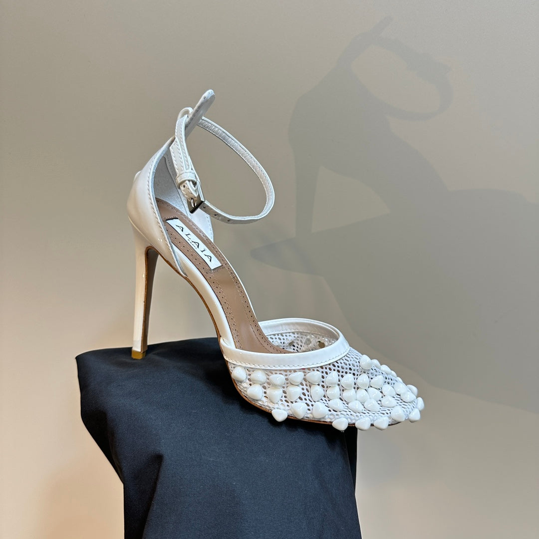 ALAIA HIGH FISHNET PUMPS WITH STUDS IN WHITE LYCRA MESH AND LAMBSKIN - 34