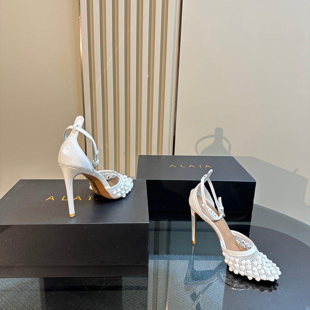 ALAIA HIGH FISHNET PUMPS WITH STUDS IN WHITE LYCRA MESH AND LAMBSKIN - 34