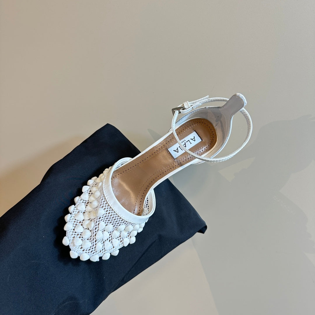 ALAIA HIGH FISHNET PUMPS WITH STUDS IN WHITE LYCRA MESH AND LAMBSKIN - 34