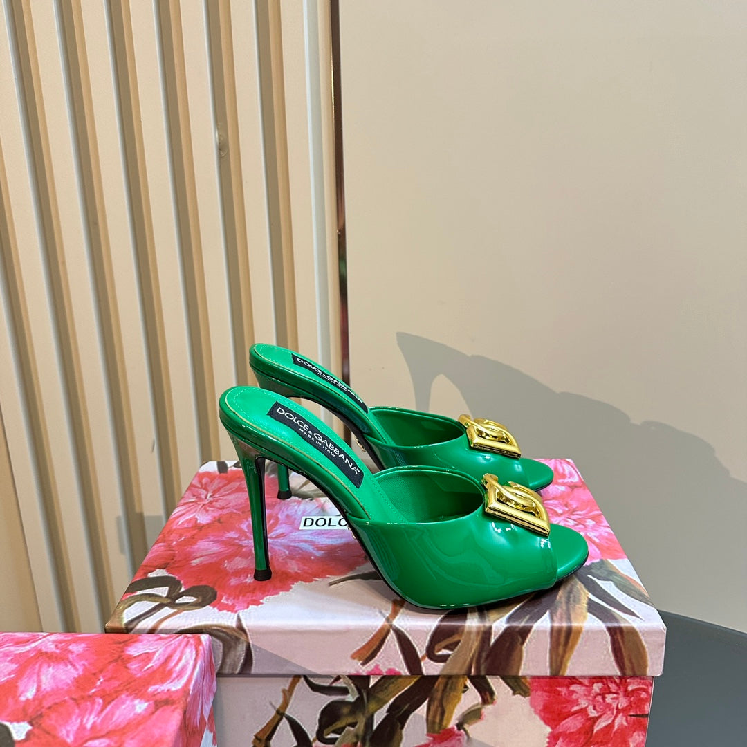 DG FOOTWEAR – LIGHT 100MM IN GREEN PATENT CALFSKIN MULES - 35