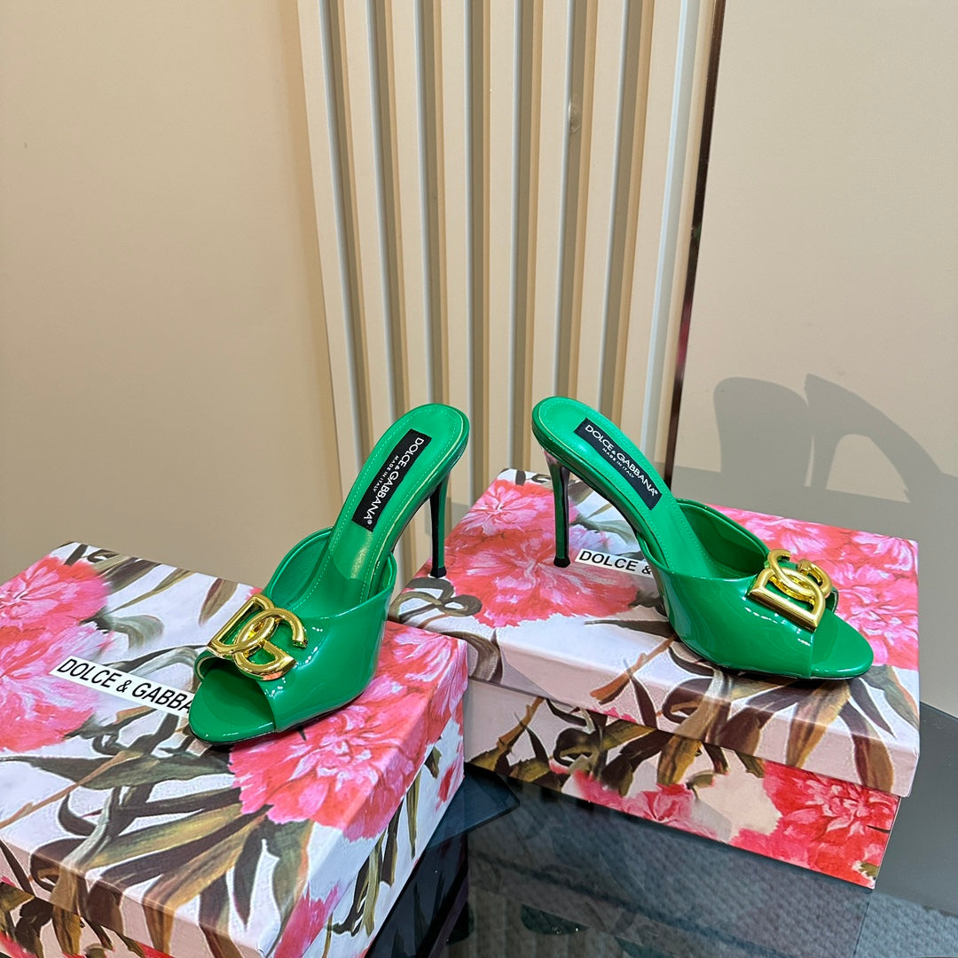 DG FOOTWEAR – LIGHT 100MM IN GREEN PATENT CALFSKIN MULES - 35