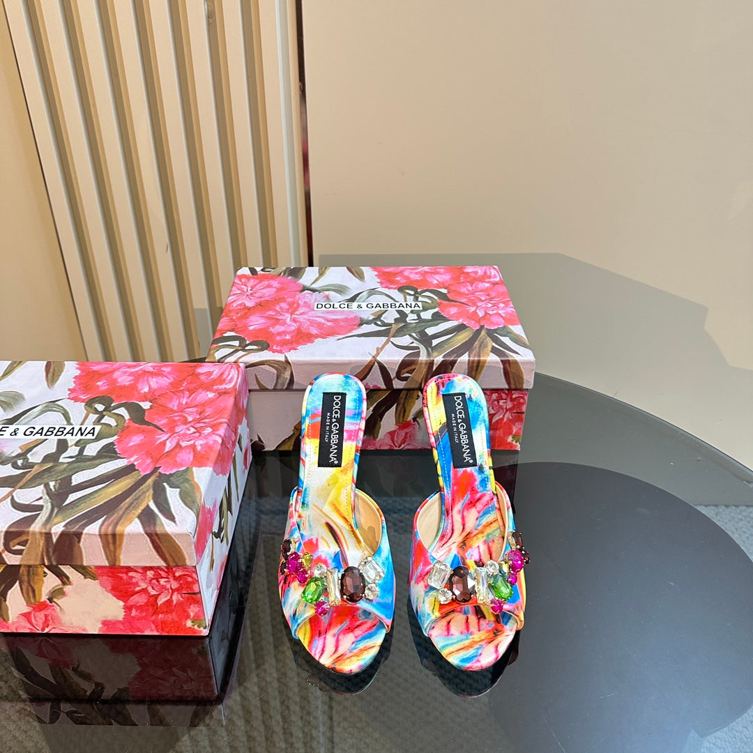 DG 100MM FOOTWEAR – MULTICOLOR SATIN MULES WITH CRYSTAL EMBELLISHMENTS - 35