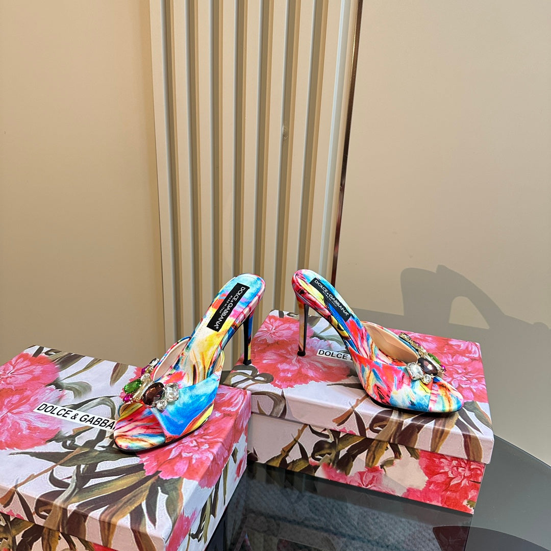 DG 100MM FOOTWEAR – MULTICOLOR SATIN MULES WITH CRYSTAL EMBELLISHMENTS - 35