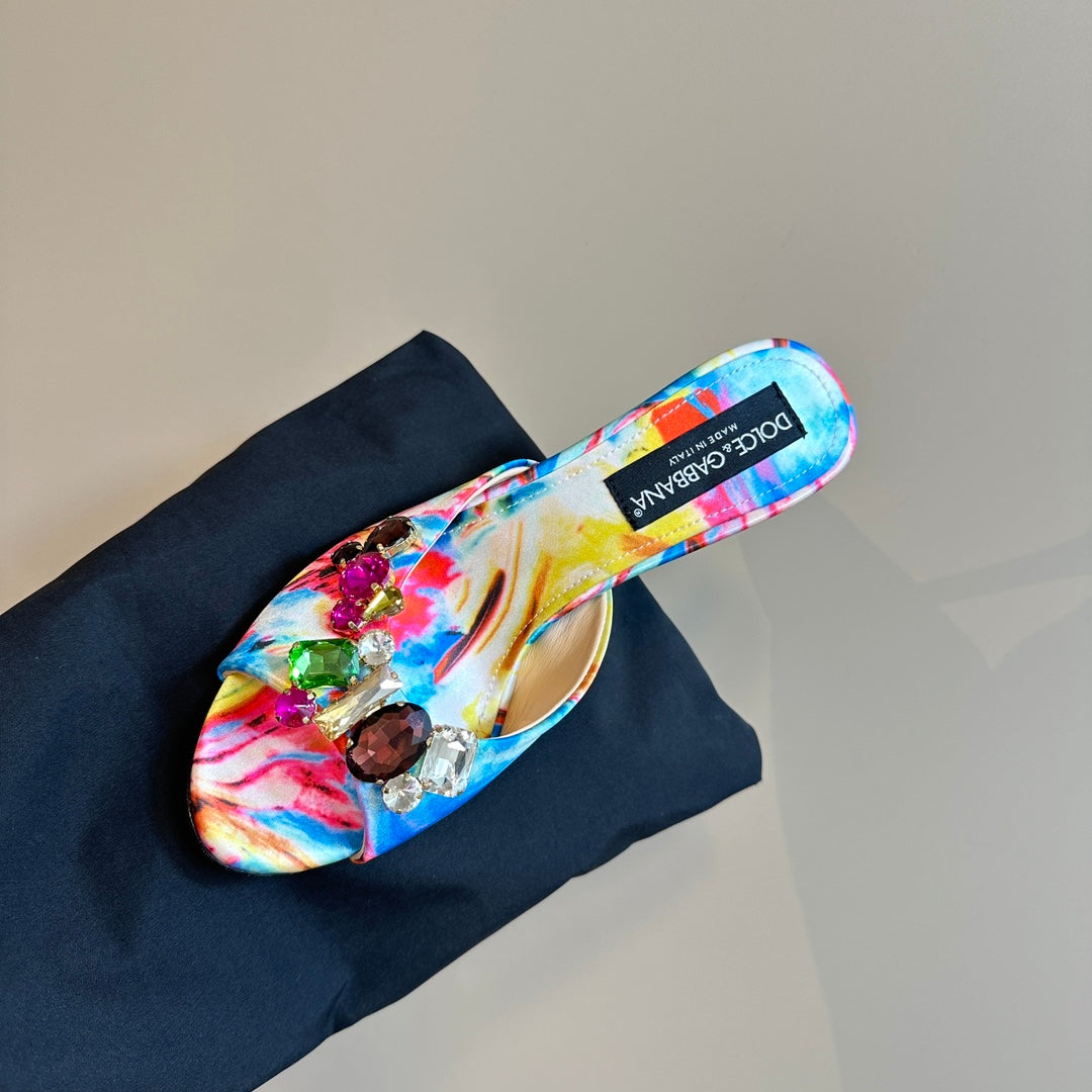 DG 100MM FOOTWEAR – MULTICOLOR SATIN MULES WITH CRYSTAL EMBELLISHMENTS - 35