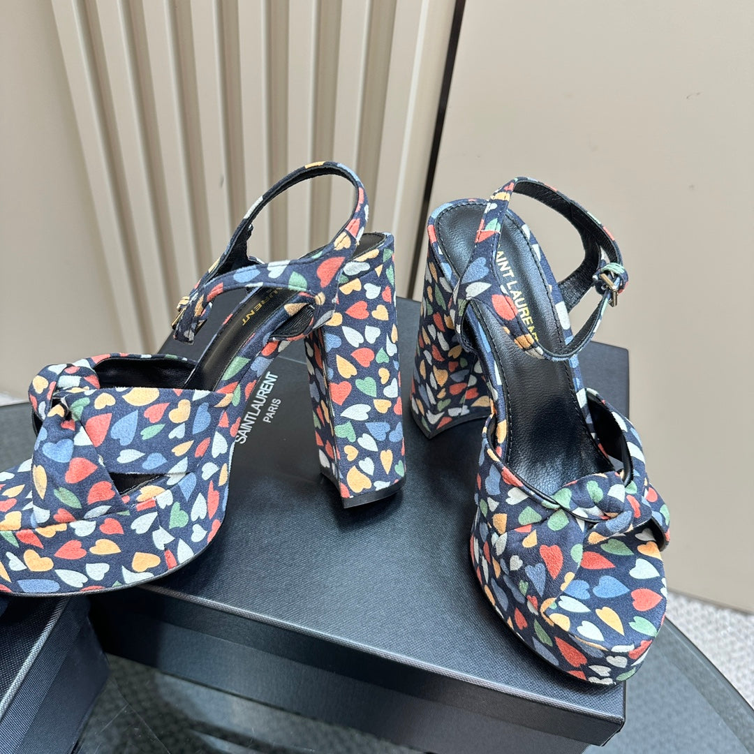 BIANCA PLATFORM SANDALS IN COLORFUL HEARTS PRINT VELVET - 35