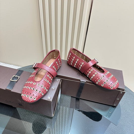 STRASS BALLET FLATS IN RUBY RED CALFSKIN - 34