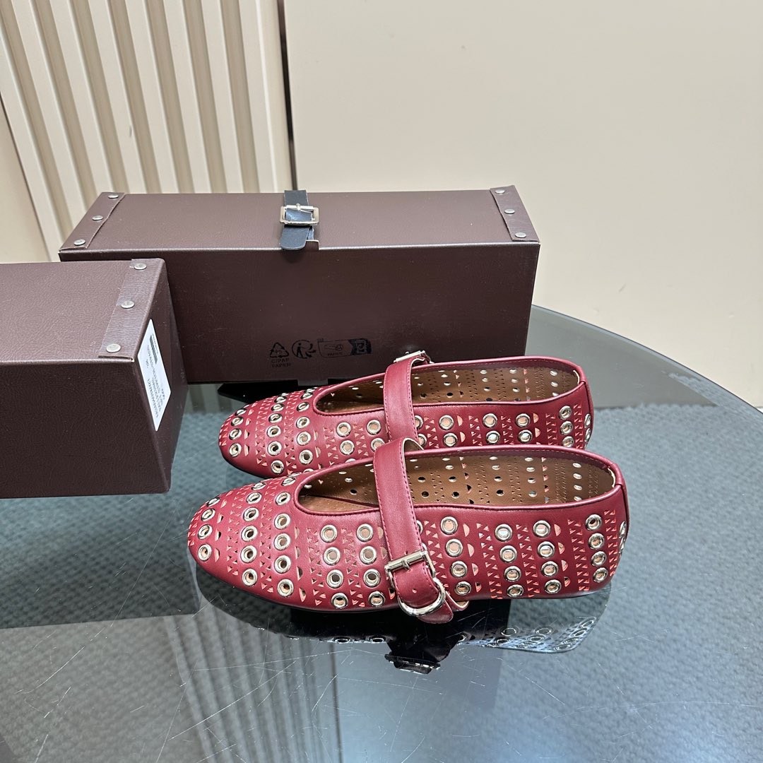 STRASS BALLET FLATS IN RUBY RED CALFSKIN - 34