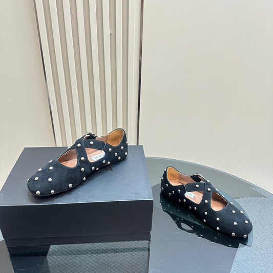 CRISS CROSS BALLET FLATS IN BLACK SUEDE WITH STUDS - 34