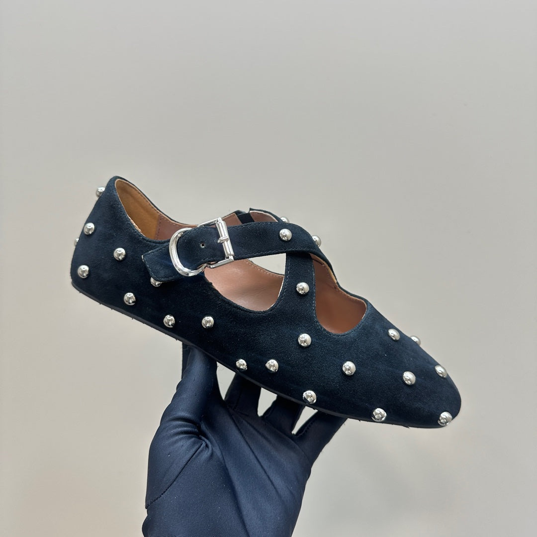 CRISS CROSS BALLET FLATS IN BLACK SUEDE WITH STUDS - 34