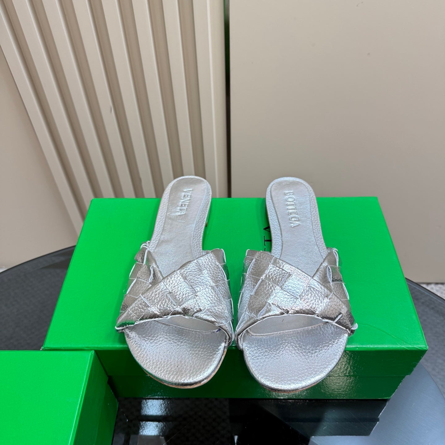 BLINK FLAT MULE IN SILVER INTRECCIATO LEATHER - 35