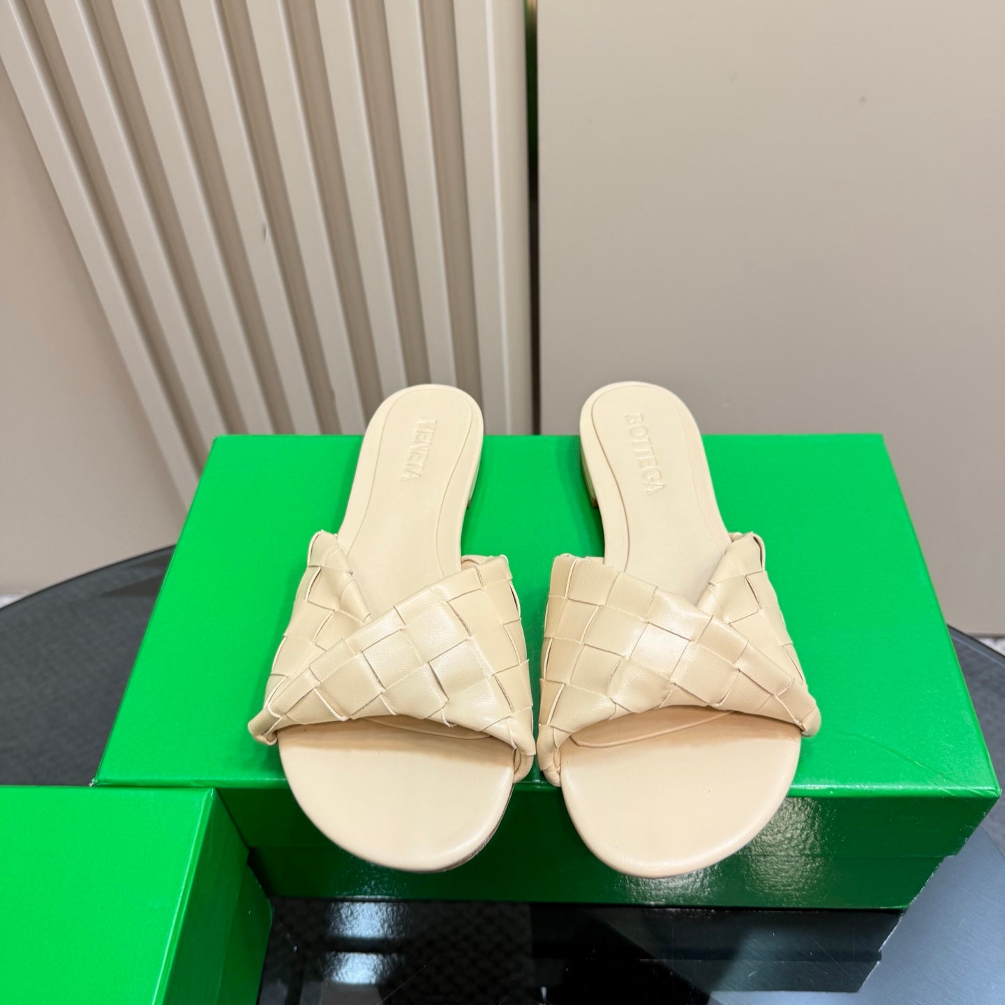 BLINK FLAT MULE IN PALE YELLOW INTRECCIATO LEATHER - 35