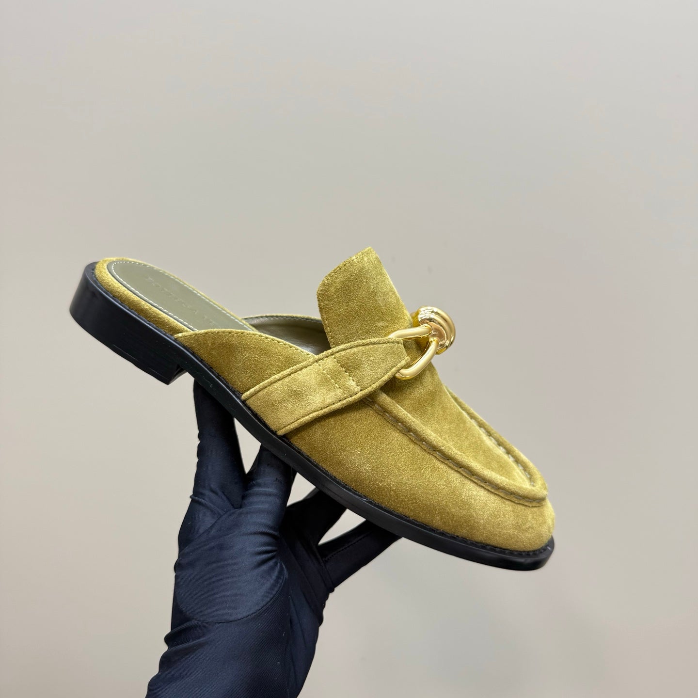ASTAIRE MULE IN OLIVE GREEN SUEDE WITH GOLD HARDWARE - 35