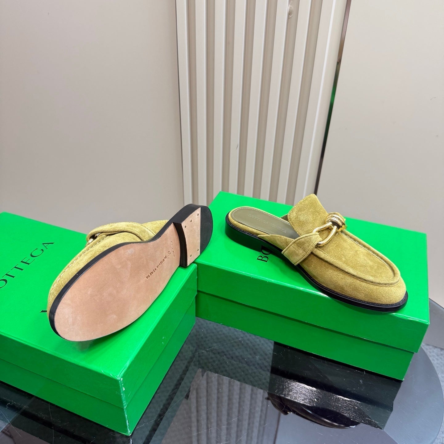 ASTAIRE MULE IN OLIVE GREEN SUEDE WITH GOLD HARDWARE - 35