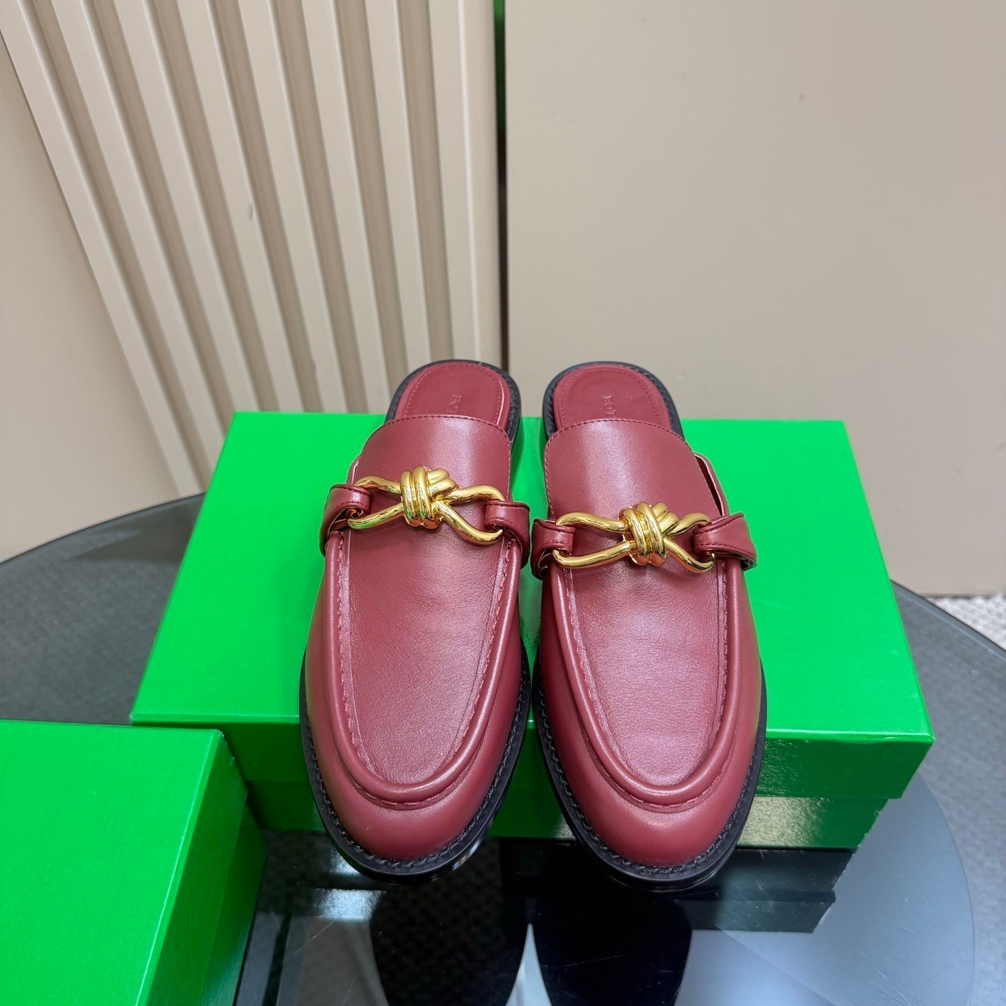 ASTAIRE MULE IN BERRY RED CALFSKIN WITH GOLD HARDWARE - 35