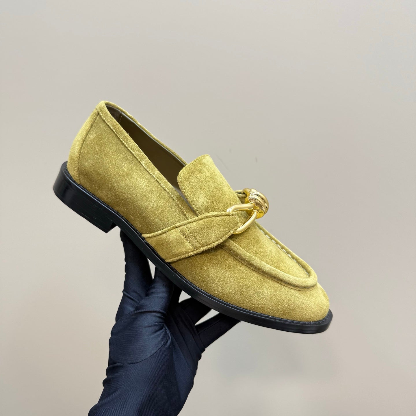 ASTAIRE LOAFER IN OLIVE GREEN SUEDE WITH GOLD HARDWARE - 35