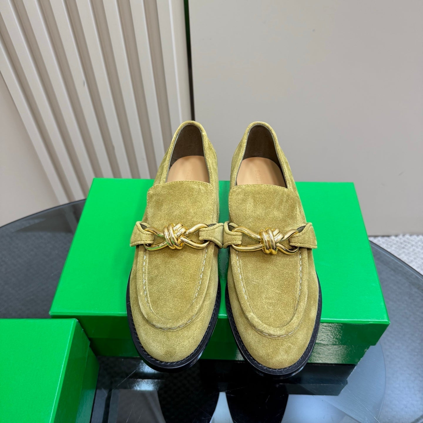 ASTAIRE LOAFER IN OLIVE GREEN SUEDE WITH GOLD HARDWARE - 35
