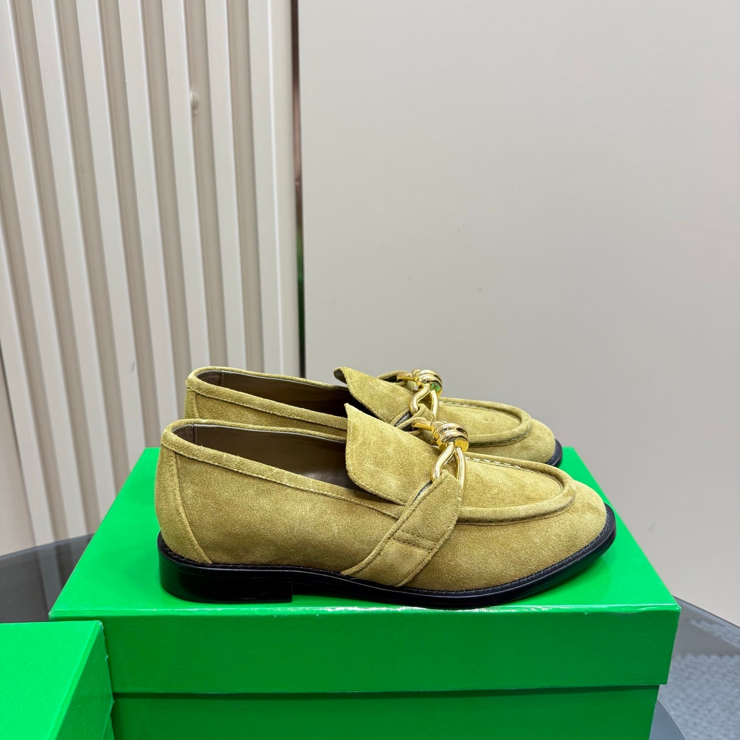 ASTAIRE LOAFER IN OLIVE GREEN SUEDE WITH GOLD HARDWARE - 35