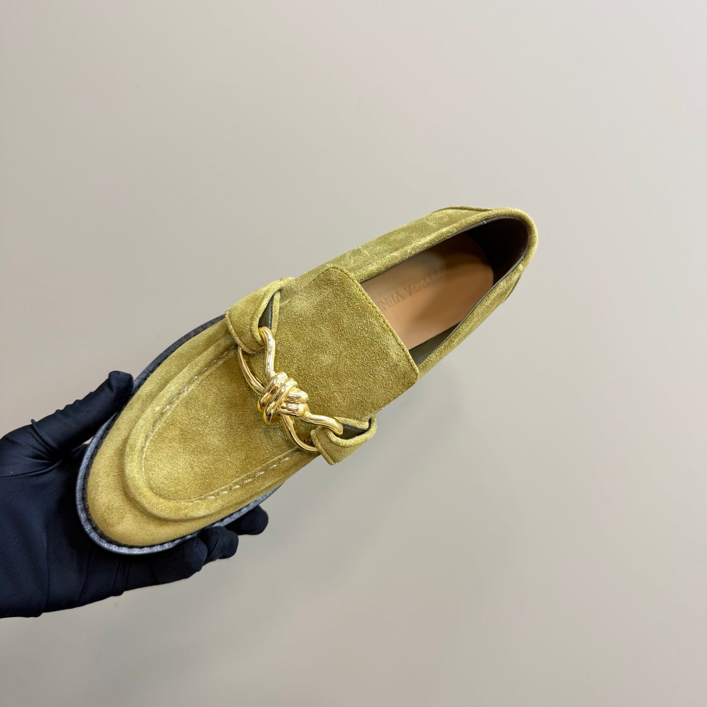 ASTAIRE LOAFER IN OLIVE GREEN SUEDE WITH GOLD HARDWARE - 35