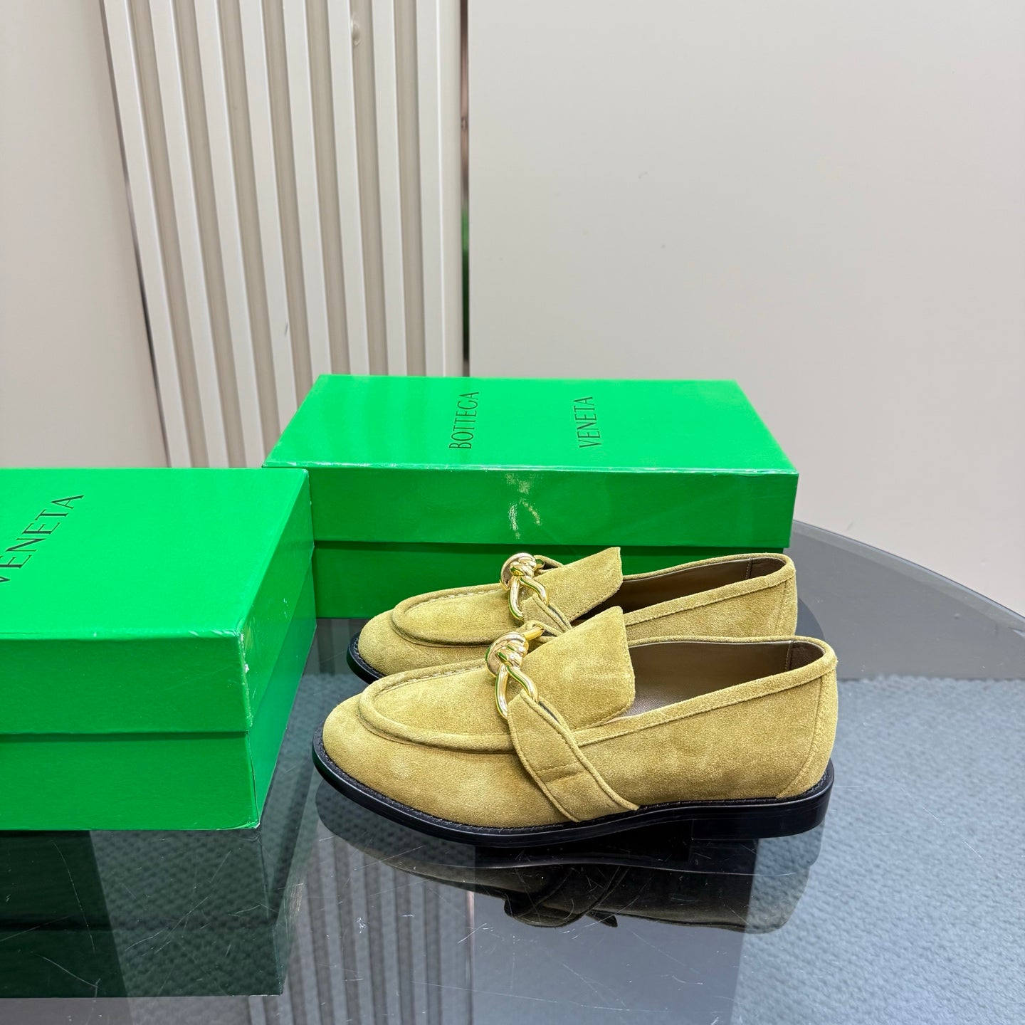 ASTAIRE LOAFER IN OLIVE GREEN SUEDE WITH GOLD HARDWARE - 35