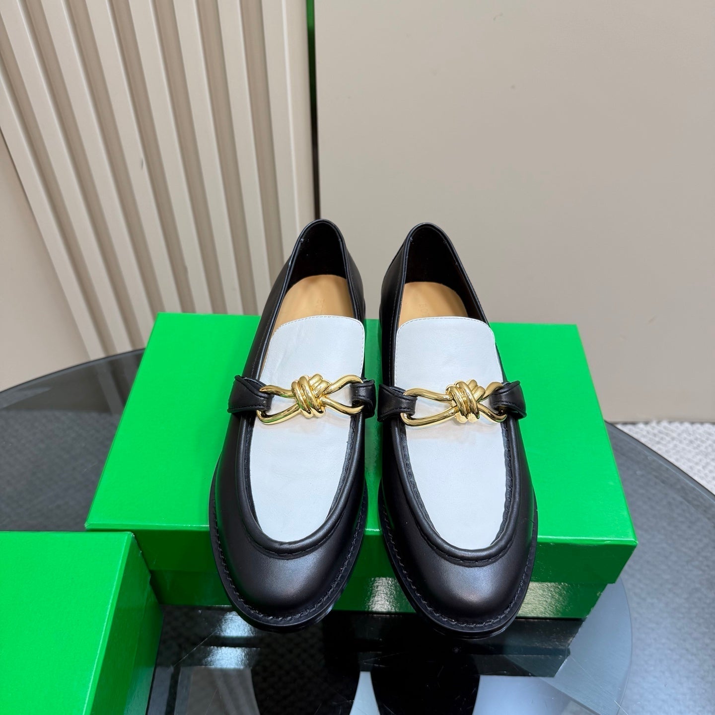ASTAIRE LOAFER IN WHITE MIX BLACK CALFSKIN WITH GOLD HARDWARE - 35